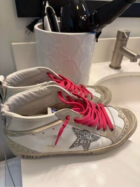 Golden Goose White Sneakers with Silver Glitter Star and Pink Laces